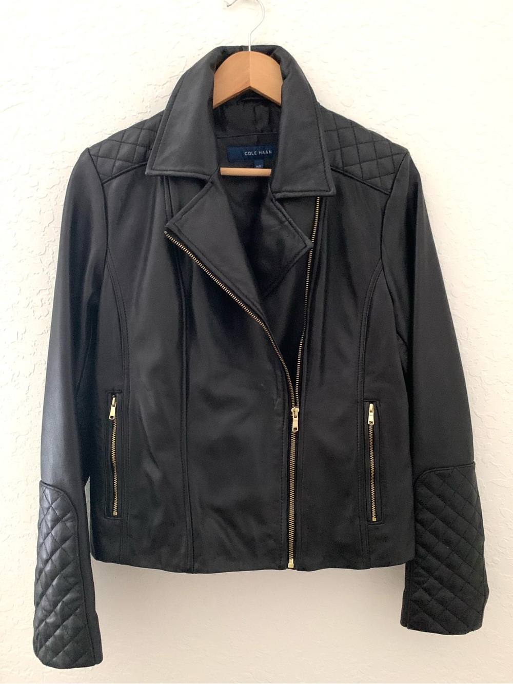 Cole Haan Lamb Leather Quilted Sleeve Moto Jacket with Gold Zipper